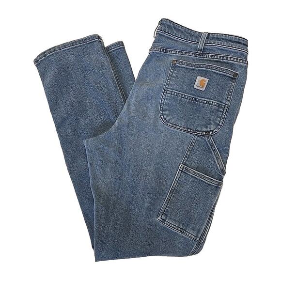 CARHARTT Women’s 18 Tall Relaxed Fit Rugged Flex Blue Denim Double Knee Jeans - Picture 1 of 12